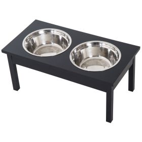 PawHut 2 Stainless Steel Pet Bowls, 23"L Durable Wooden Heavy Duty Dog Feeding Station - Black